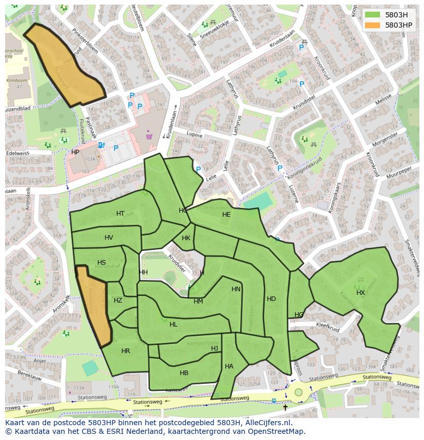 Afbeelding van het postcodegebied 5803 HP op de kaart.