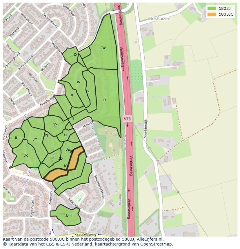 Afbeelding van het postcodegebied 5803 JC op de kaart.