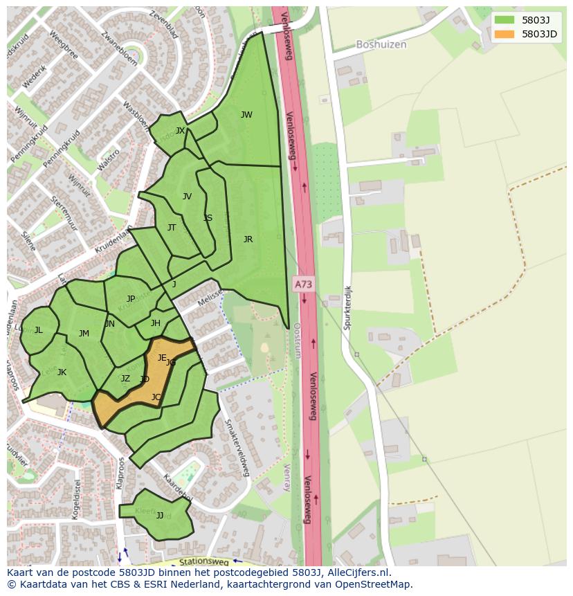 Afbeelding van het postcodegebied 5803 JD op de kaart.