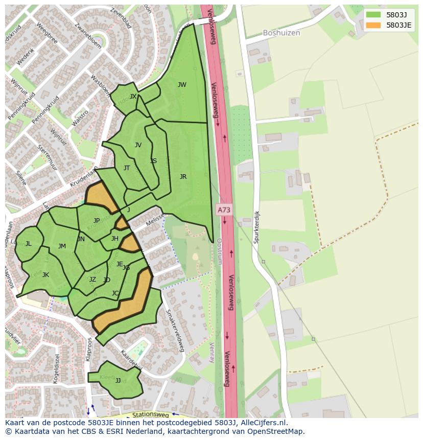 Afbeelding van het postcodegebied 5803 JE op de kaart.