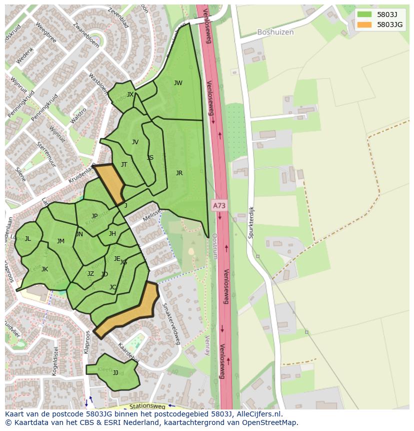Afbeelding van het postcodegebied 5803 JG op de kaart.