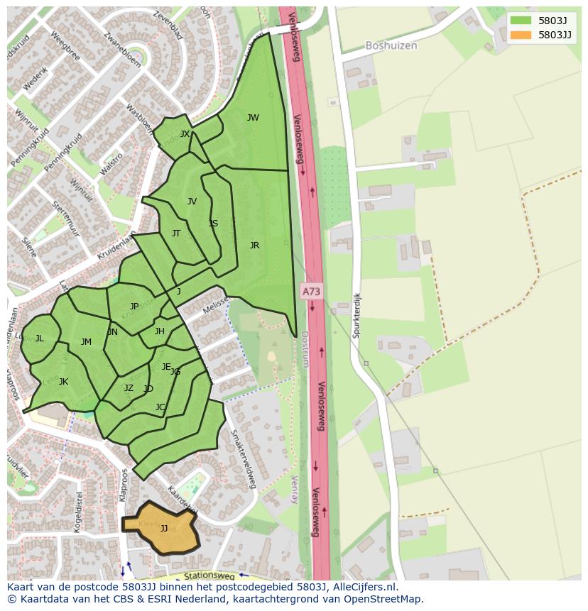 Afbeelding van het postcodegebied 5803 JJ op de kaart.