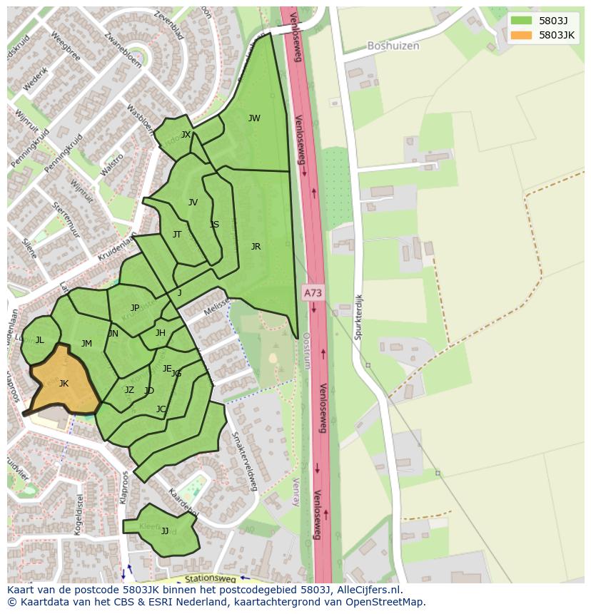 Afbeelding van het postcodegebied 5803 JK op de kaart.