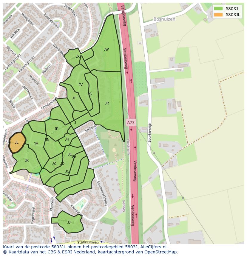 Afbeelding van het postcodegebied 5803 JL op de kaart.