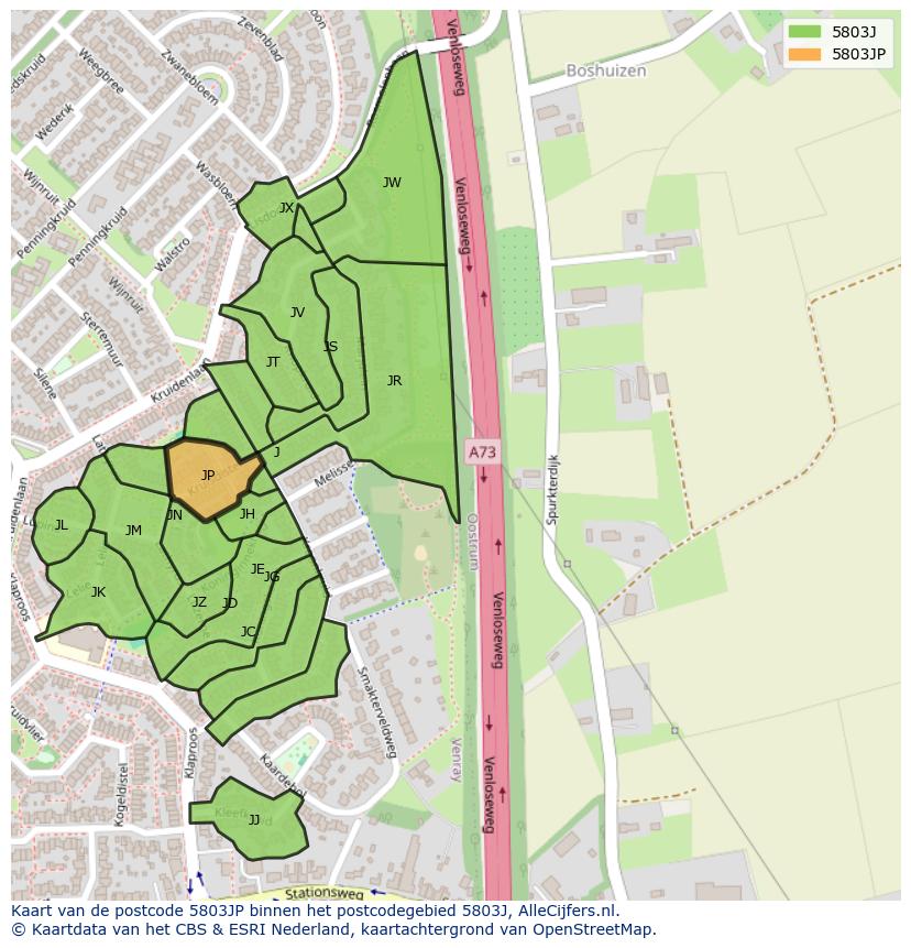 Afbeelding van het postcodegebied 5803 JP op de kaart.