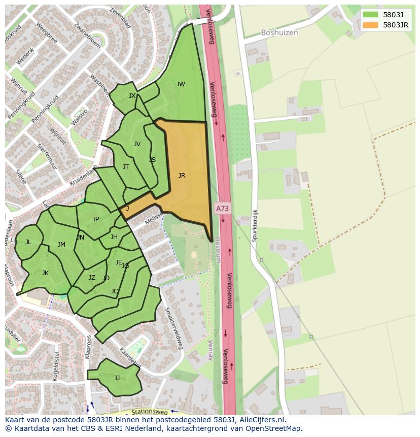 Afbeelding van het postcodegebied 5803 JR op de kaart.