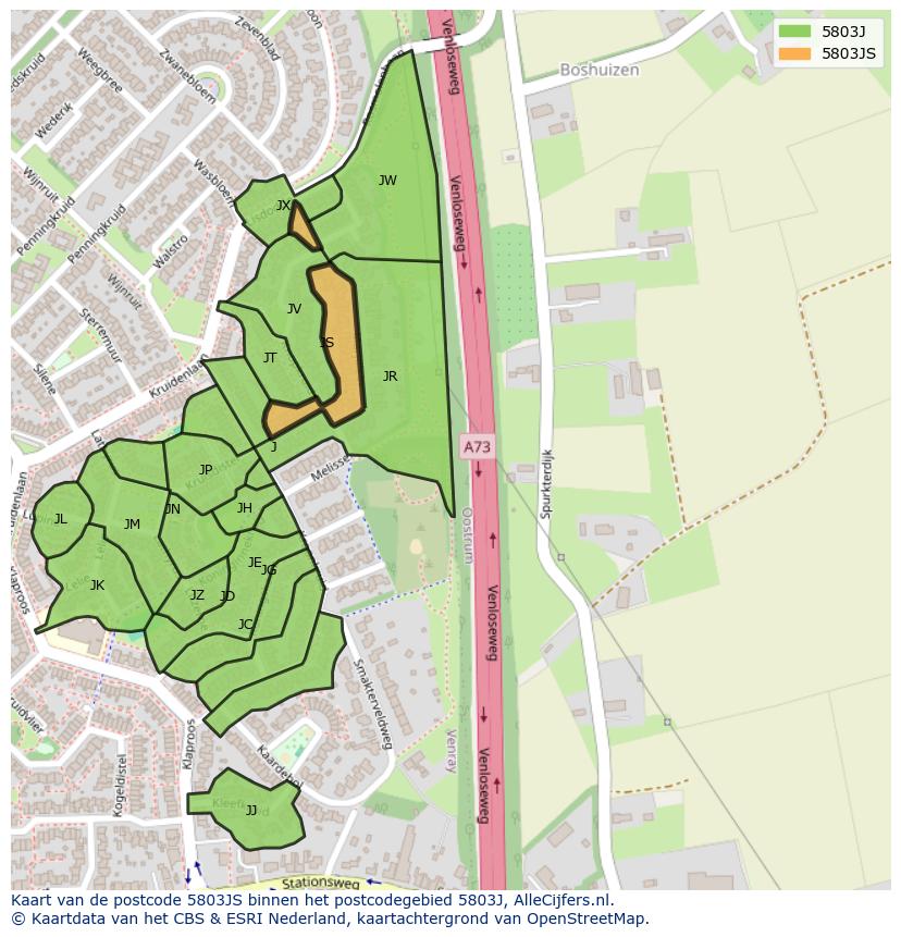 Afbeelding van het postcodegebied 5803 JS op de kaart.