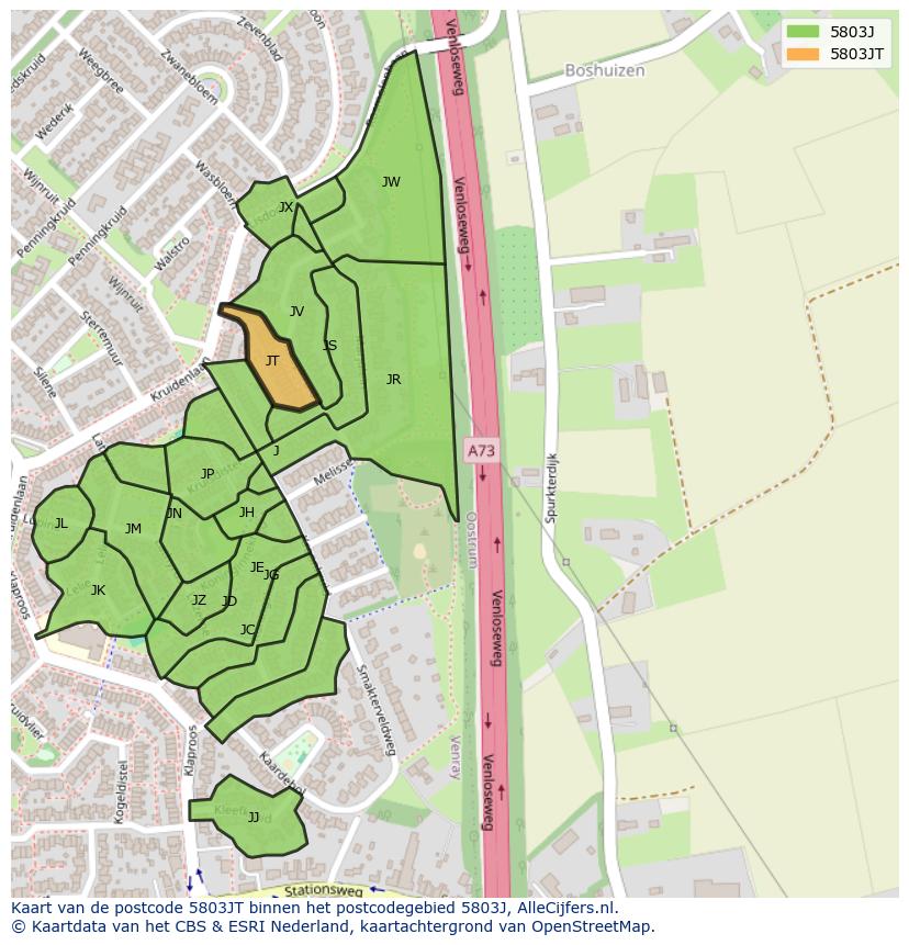 Afbeelding van het postcodegebied 5803 JT op de kaart.