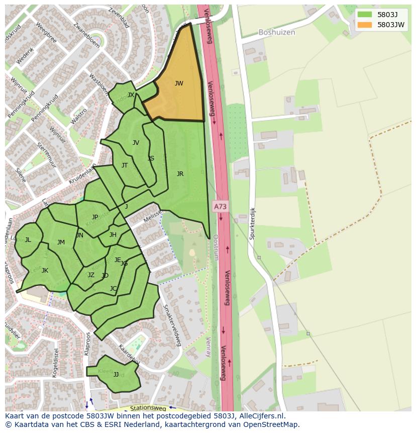Afbeelding van het postcodegebied 5803 JW op de kaart.
