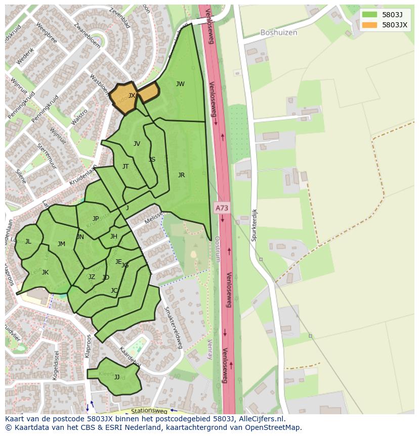 Afbeelding van het postcodegebied 5803 JX op de kaart.