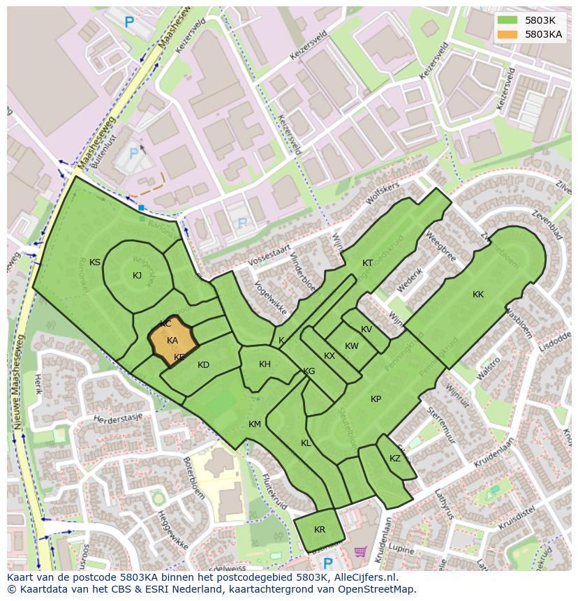 Afbeelding van het postcodegebied 5803 KA op de kaart.