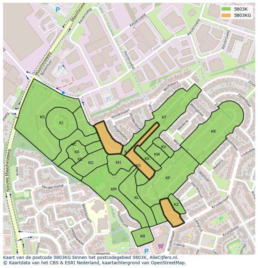 Afbeelding van het postcodegebied 5803 KG op de kaart.