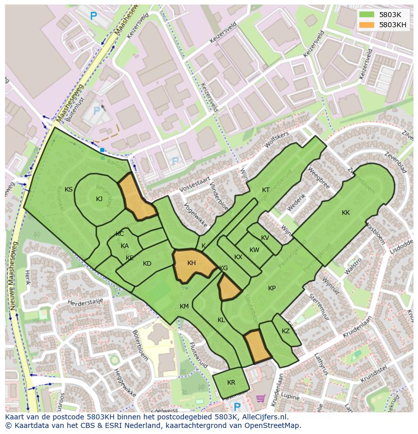 Afbeelding van het postcodegebied 5803 KH op de kaart.