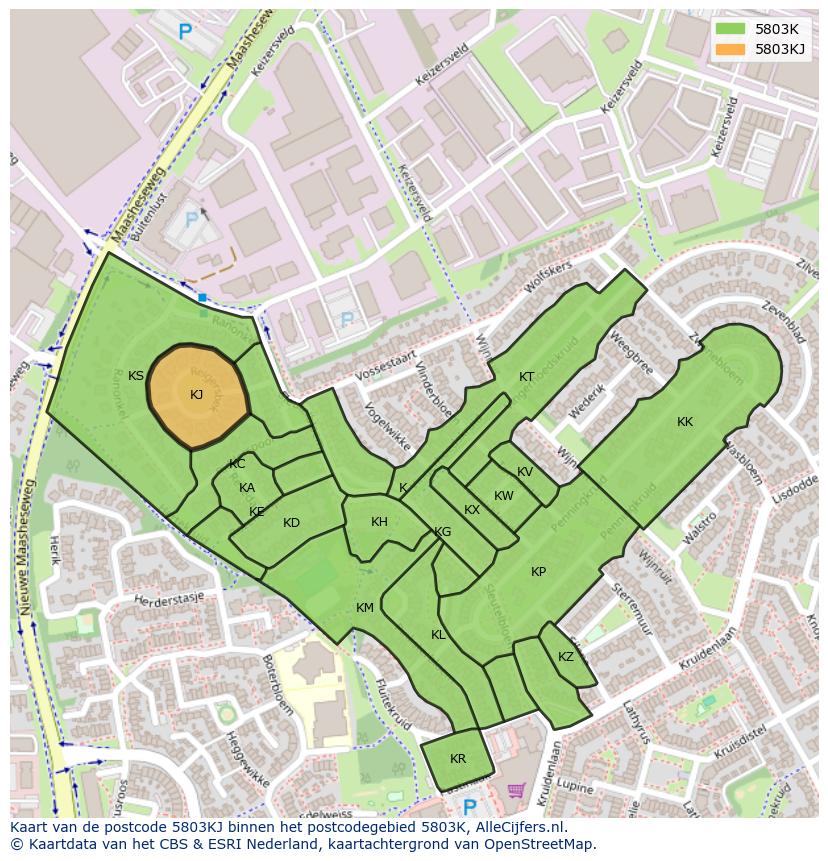 Afbeelding van het postcodegebied 5803 KJ op de kaart.