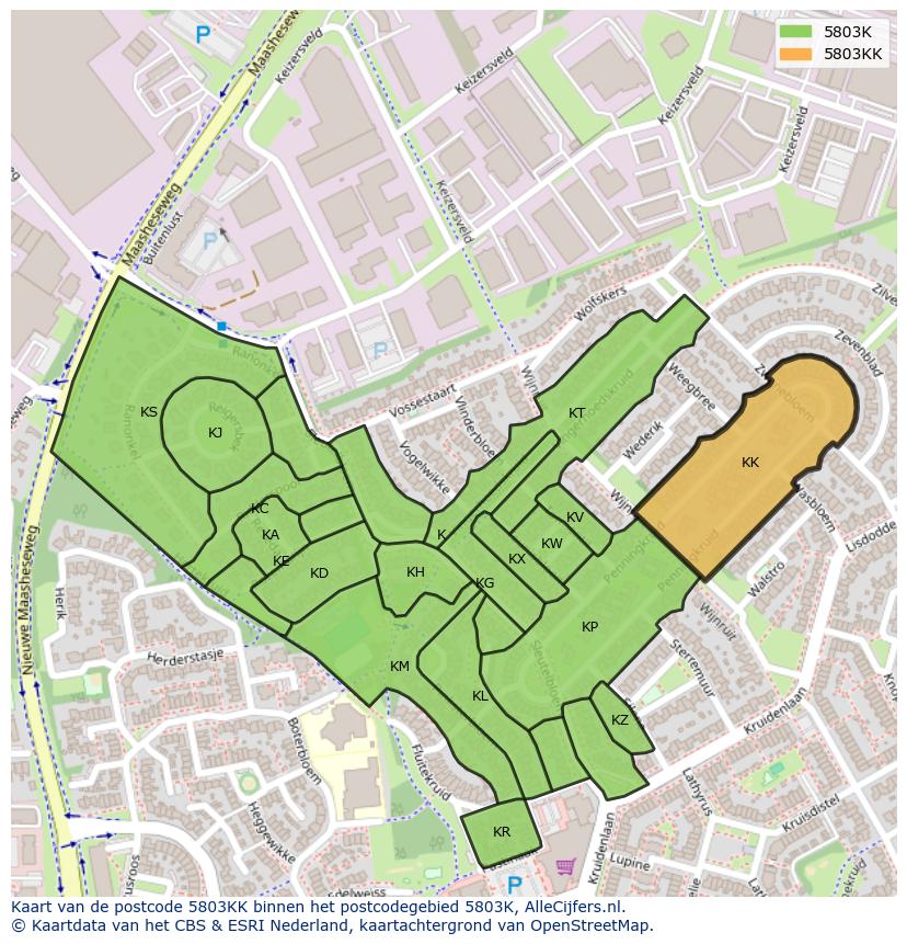 Afbeelding van het postcodegebied 5803 KK op de kaart.