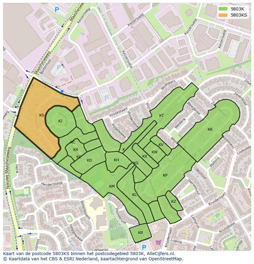 Afbeelding van het postcodegebied 5803 KS op de kaart.