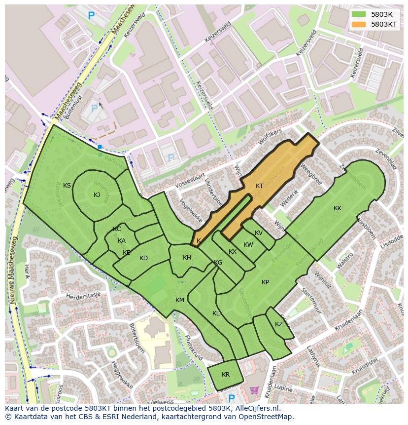 Afbeelding van het postcodegebied 5803 KT op de kaart.