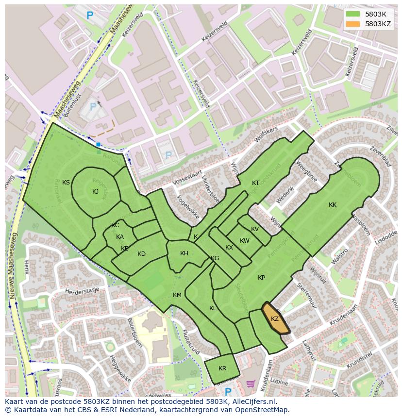 Afbeelding van het postcodegebied 5803 KZ op de kaart.