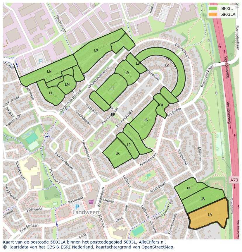 Afbeelding van het postcodegebied 5803 LA op de kaart.