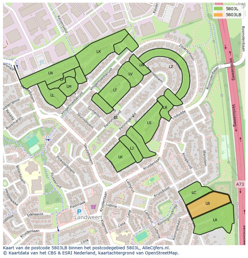 Afbeelding van het postcodegebied 5803 LB op de kaart.