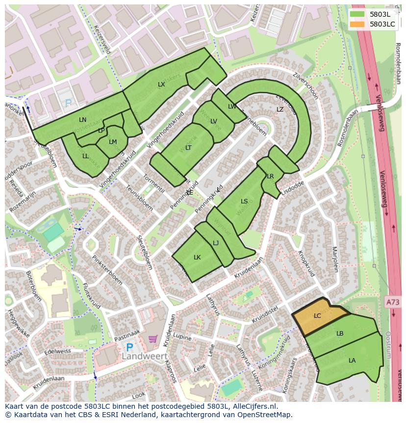 Afbeelding van het postcodegebied 5803 LC op de kaart.