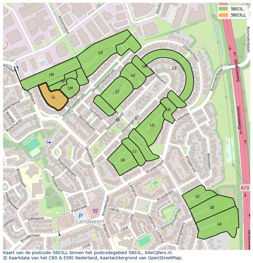 Afbeelding van het postcodegebied 5803 LL op de kaart.