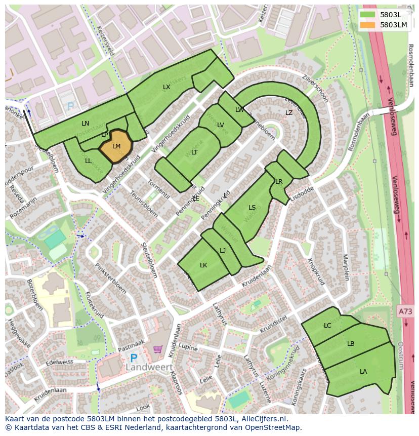 Afbeelding van het postcodegebied 5803 LM op de kaart.