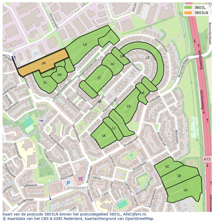 Afbeelding van het postcodegebied 5803 LN op de kaart.