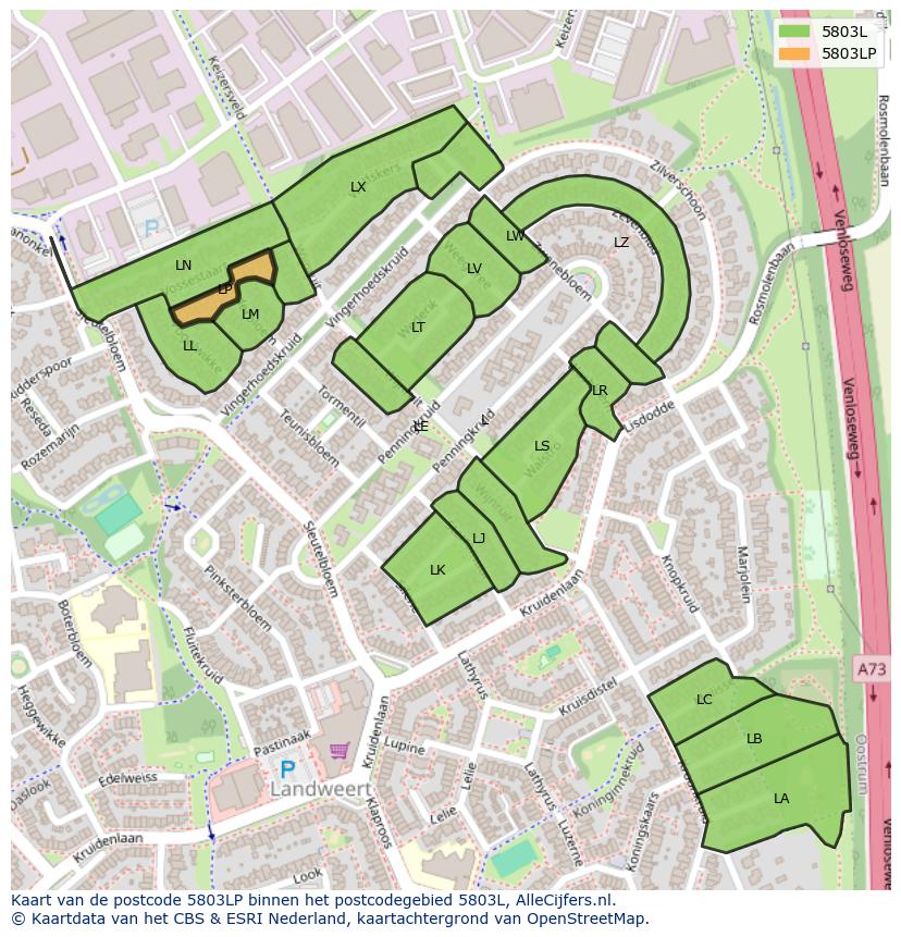 Afbeelding van het postcodegebied 5803 LP op de kaart.