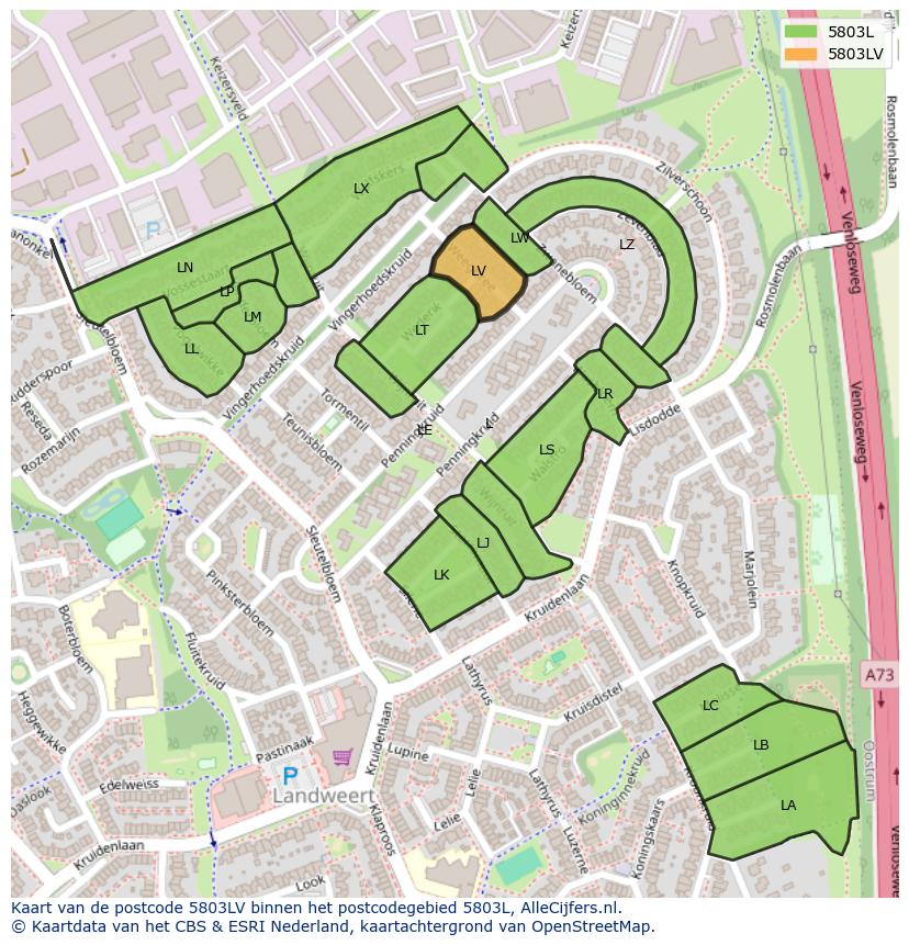 Afbeelding van het postcodegebied 5803 LV op de kaart.