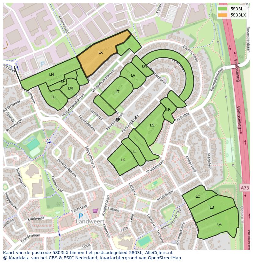 Afbeelding van het postcodegebied 5803 LX op de kaart.