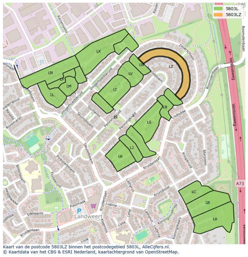Afbeelding van het postcodegebied 5803 LZ op de kaart.