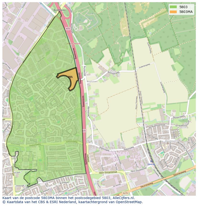 Afbeelding van het postcodegebied 5803 MA op de kaart.