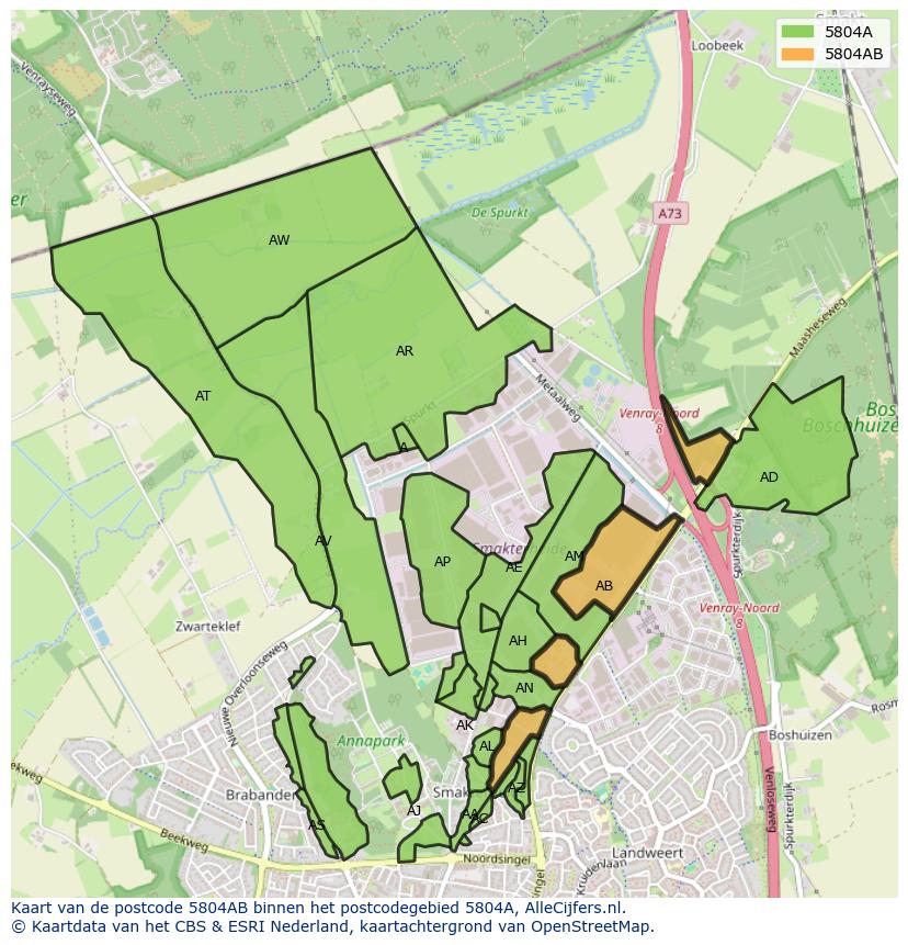 Afbeelding van het postcodegebied 5804 AB op de kaart.