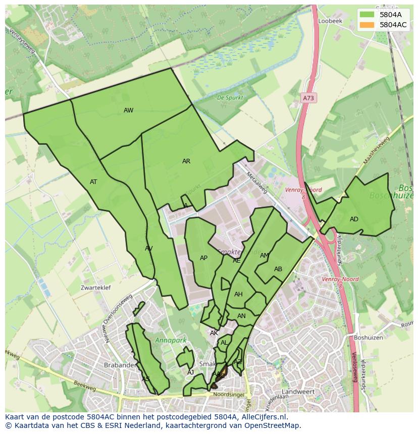 Afbeelding van het postcodegebied 5804 AC op de kaart.