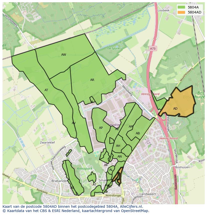 Afbeelding van het postcodegebied 5804 AD op de kaart.