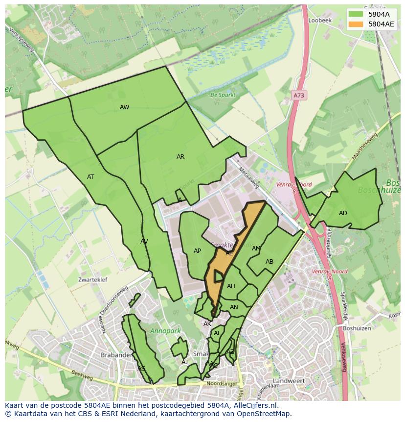 Afbeelding van het postcodegebied 5804 AE op de kaart.