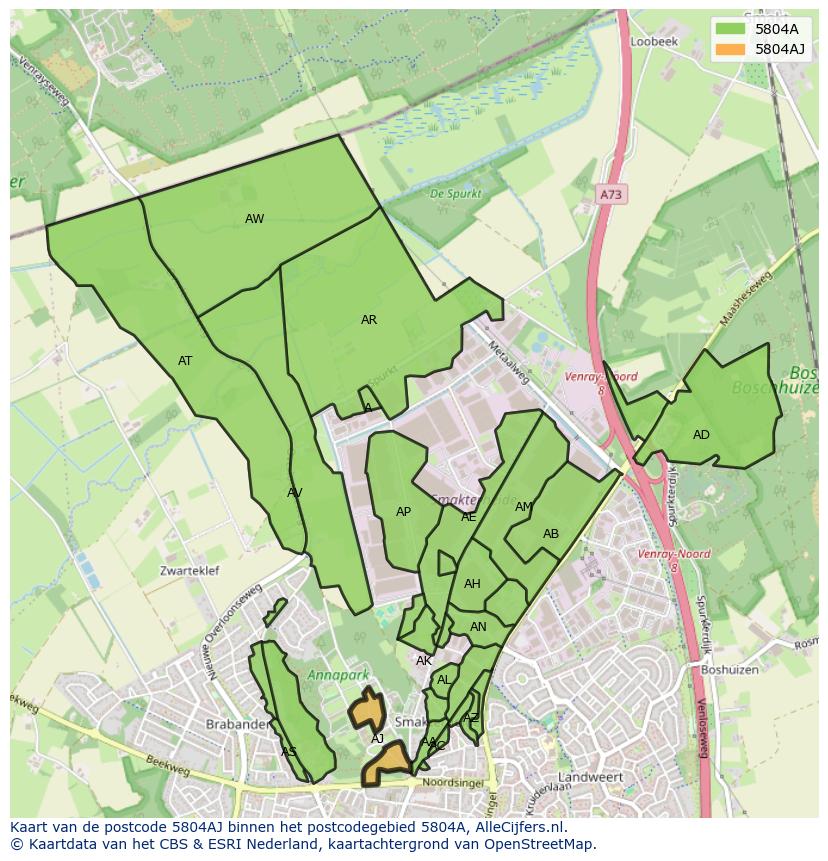 Afbeelding van het postcodegebied 5804 AJ op de kaart.