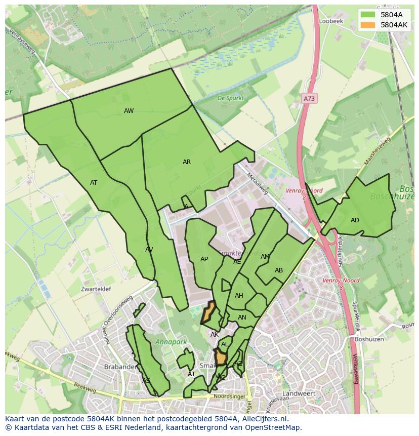Afbeelding van het postcodegebied 5804 AK op de kaart.