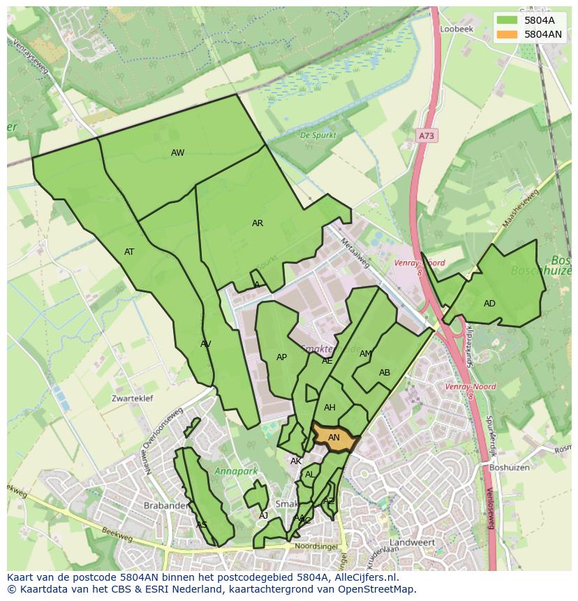 Afbeelding van het postcodegebied 5804 AN op de kaart.