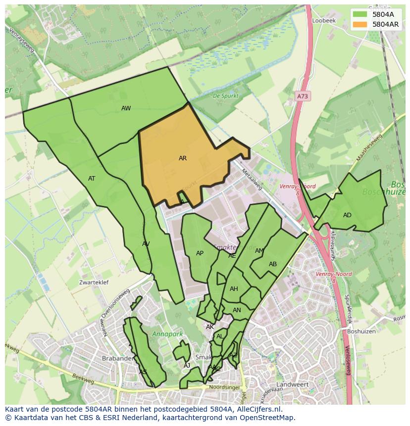 Afbeelding van het postcodegebied 5804 AR op de kaart.