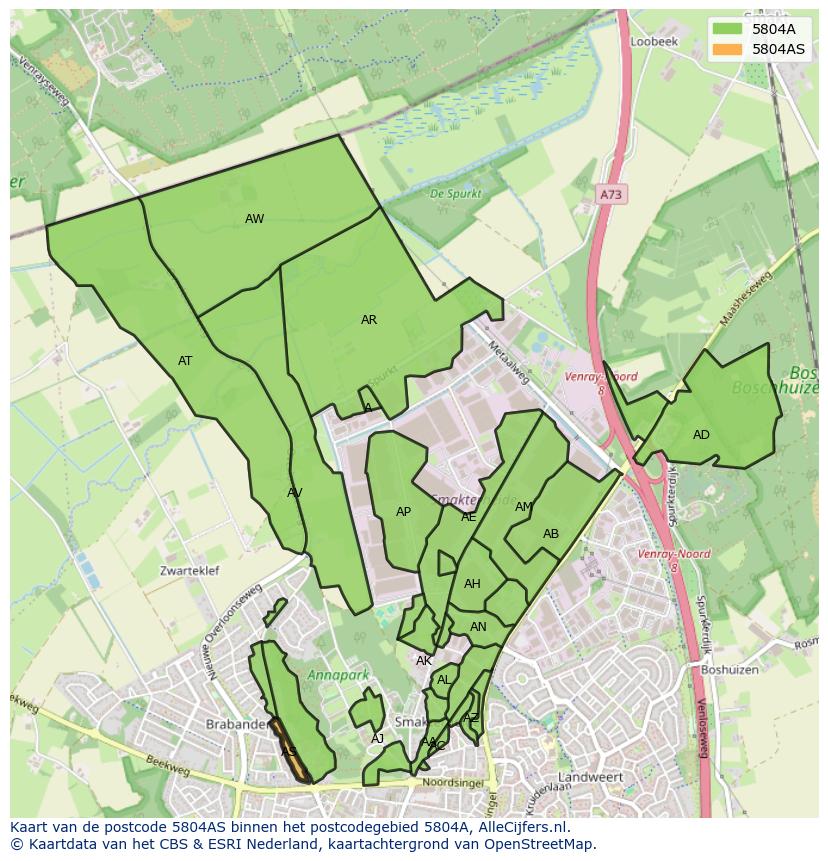 Afbeelding van het postcodegebied 5804 AS op de kaart.