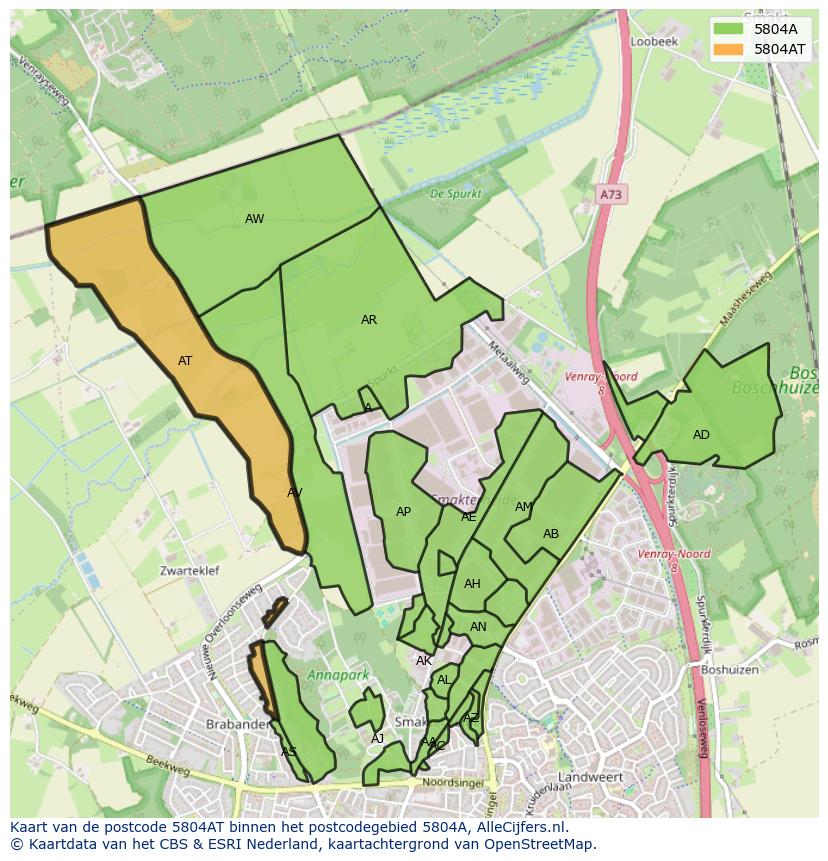 Afbeelding van het postcodegebied 5804 AT op de kaart.