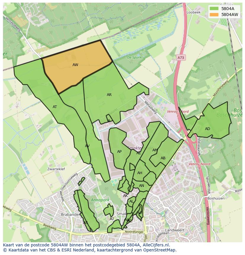 Afbeelding van het postcodegebied 5804 AW op de kaart.