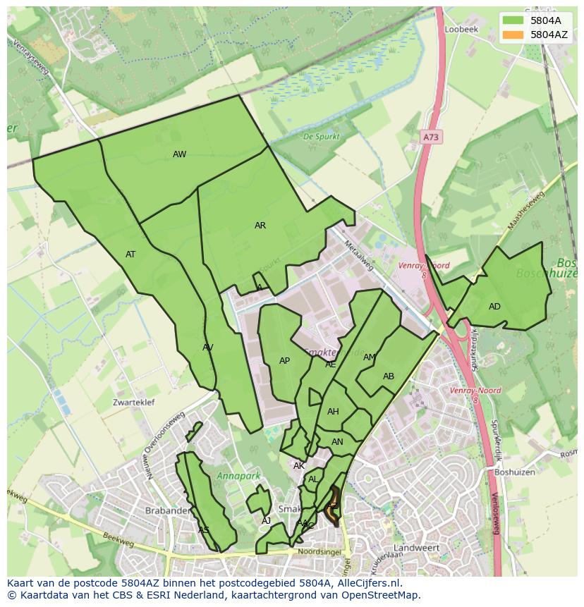 Afbeelding van het postcodegebied 5804 AZ op de kaart.