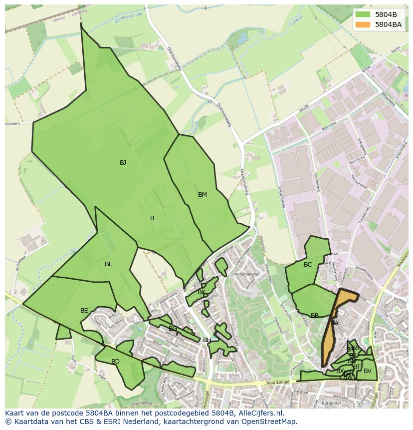 Afbeelding van het postcodegebied 5804 BA op de kaart.