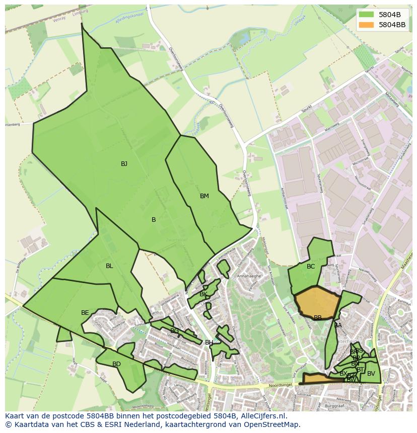 Afbeelding van het postcodegebied 5804 BB op de kaart.