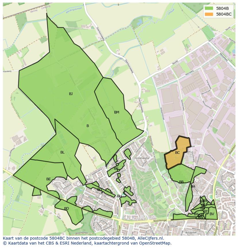 Afbeelding van het postcodegebied 5804 BC op de kaart.