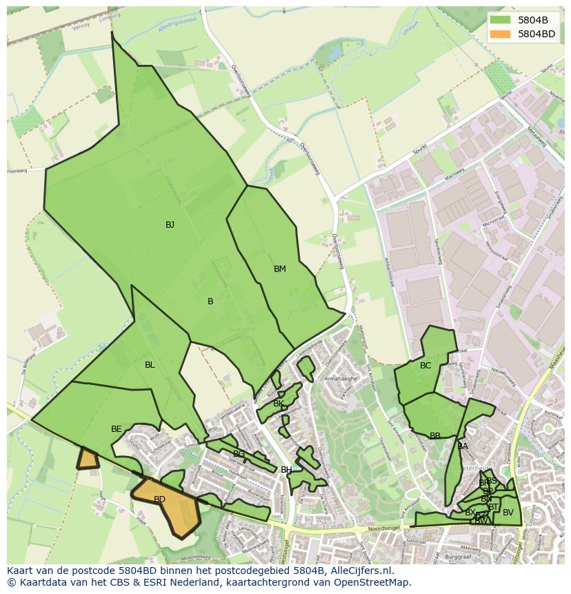 Afbeelding van het postcodegebied 5804 BD op de kaart.