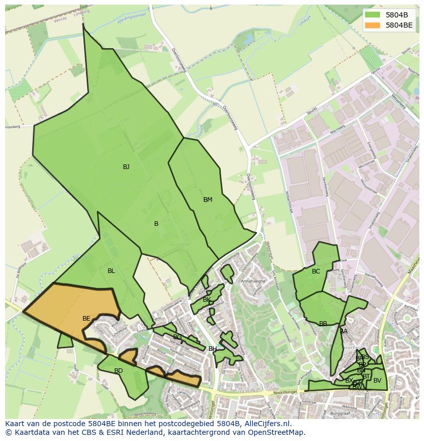 Afbeelding van het postcodegebied 5804 BE op de kaart.